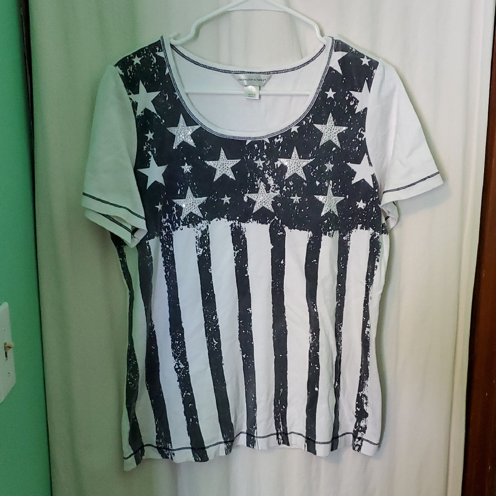 Vintage Y2k Sparkly Bedazzled Stars & Stripes Patriotic T Shirt